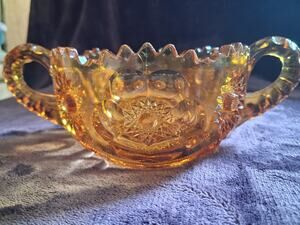 Vintage Amber Pressed Cut Glass Candy Bowl Two Handled Hobstar Sawtooth Edge